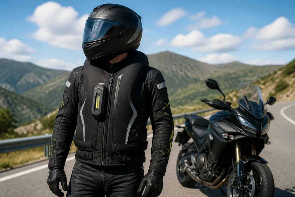 Motard en tenue de protection avec airbag