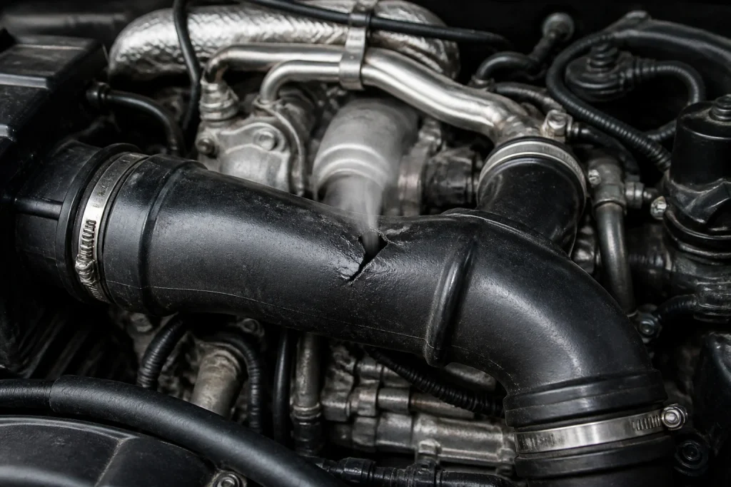 Durite de turbo noire endommagee dans un moteur