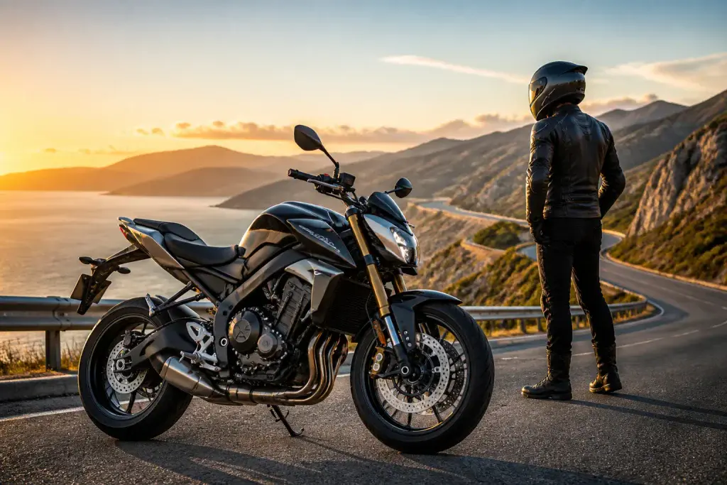 Nouvelle moto sur route panoramique au coucher du soleil