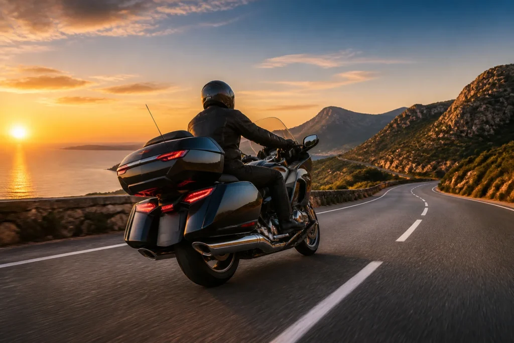 Moto de tourisme au coucher du soleil