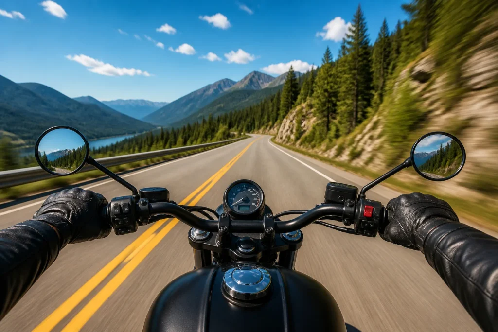 Mains gantees sur guidon de moto