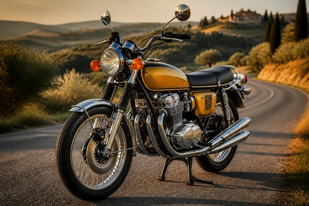 Honda cb750 four icone doree au soleil couchant