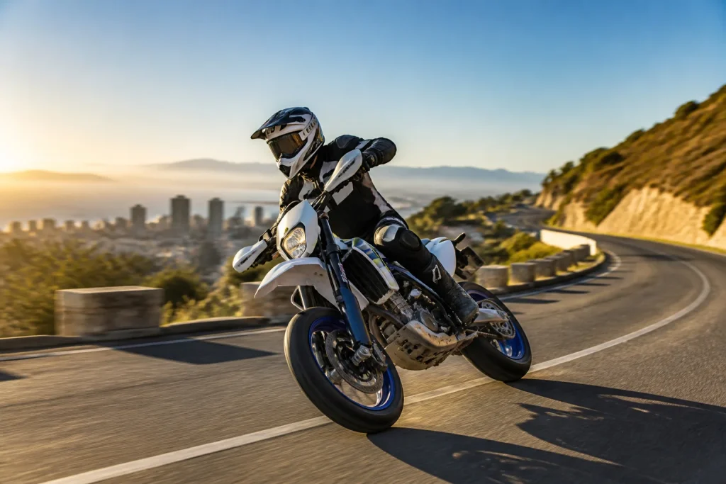 Supermoto en virage coucher de soleil