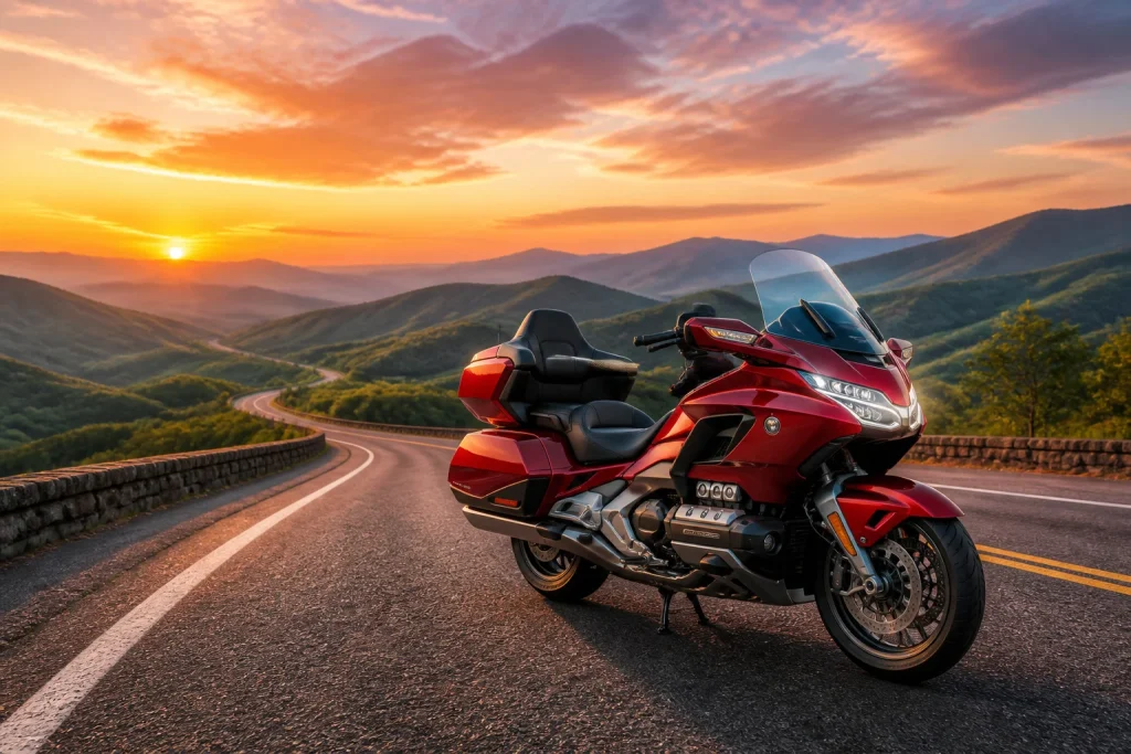 Moto rouge sur route de montagne au coucher du soleil