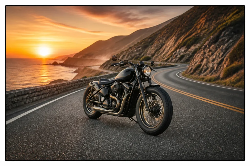 Bobber sur route cotiere au coucher du soleil