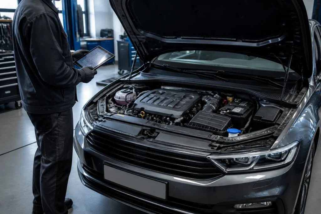 Mecanicien inspectant un moteur de voiture