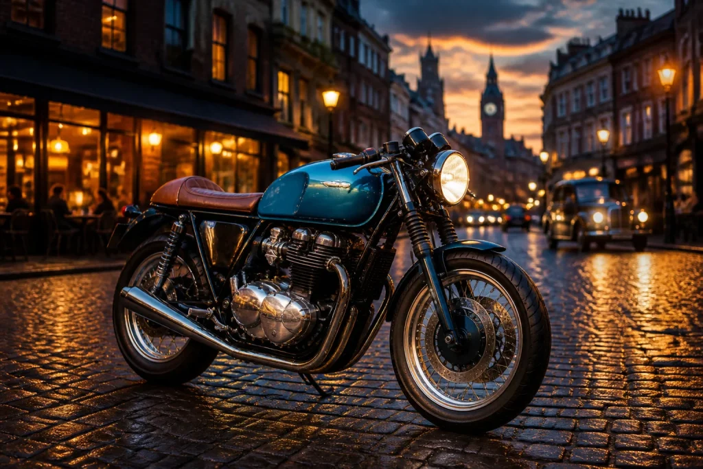 Cafe racer classique au crepuscule urbain
