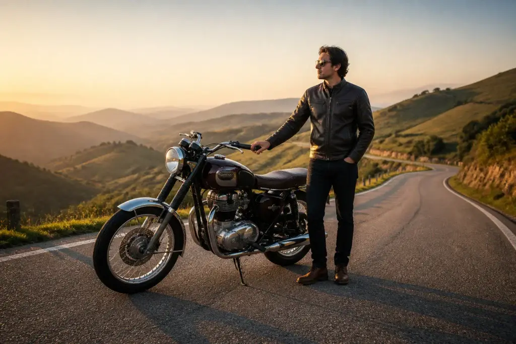 Moto vintage au coucher du soleil