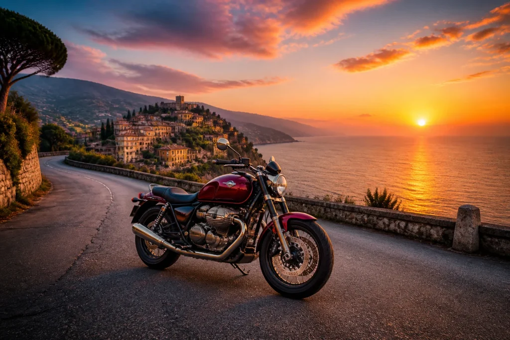 Moto italienne au coucher du soleil