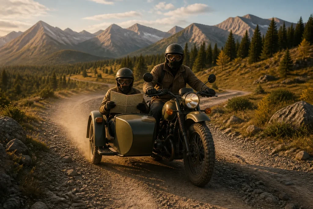 Aventure en moto avec side car dans les montagnes