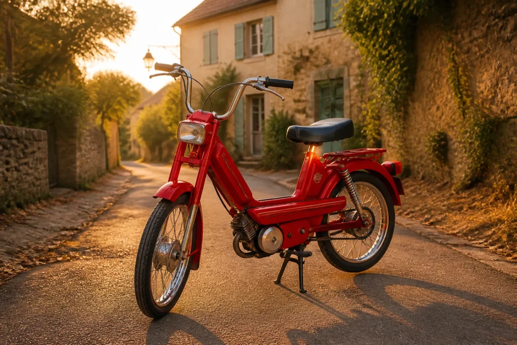 Peugeot 103 rouge allure vintage au soleil couchant