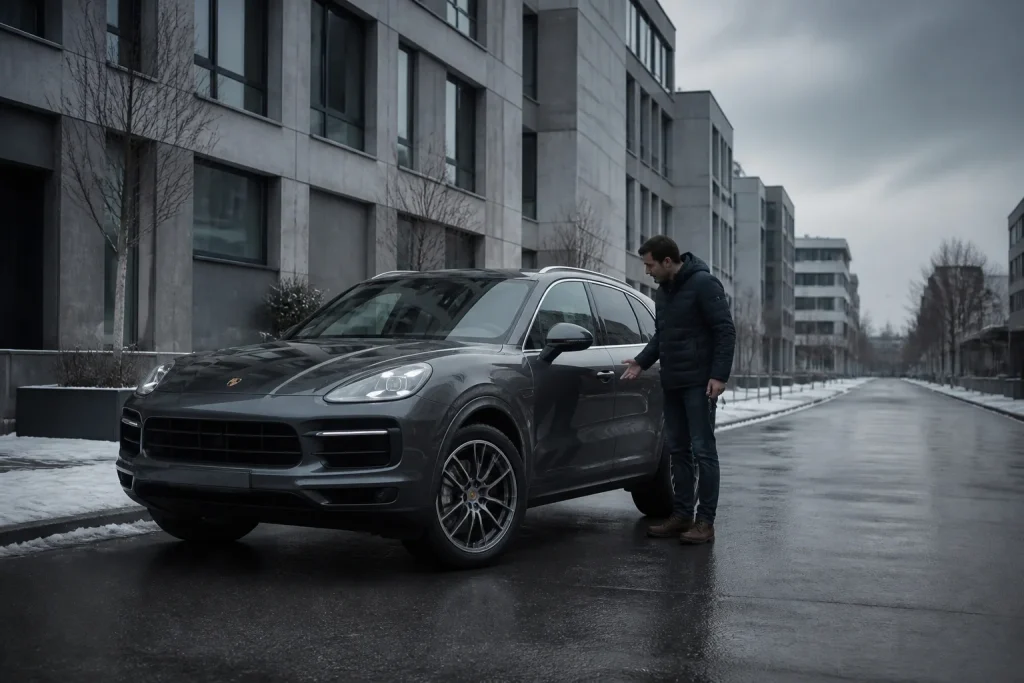 Porsche en panne par temps froid