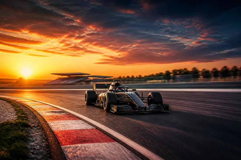 Course automobile au coucher du soleil