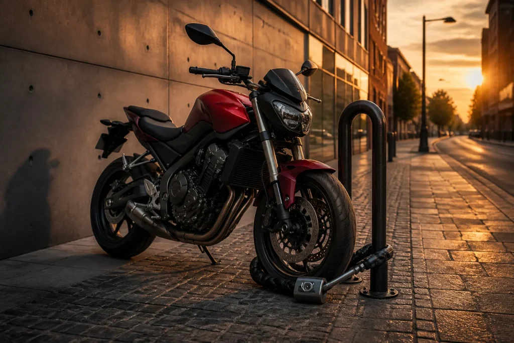 Moto securisee au coucher du soleil