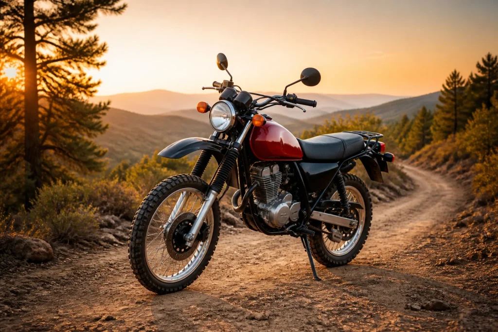 Moto tout terrain rouge et noire au coucher du soleil