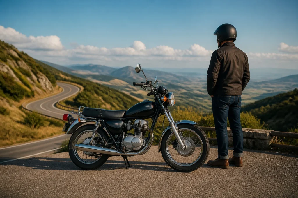 Balade en moto classique sur route panoramique