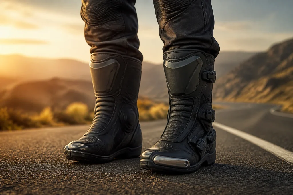 Bottes de moto modernes sur route