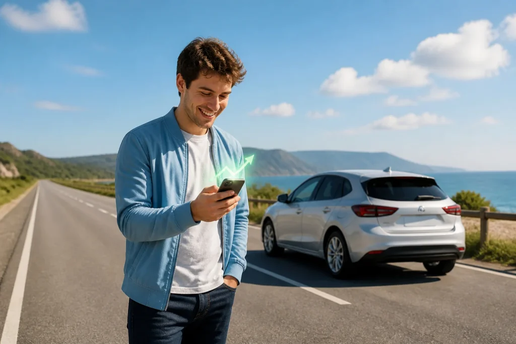 Jeune homme heureux avec son telephone