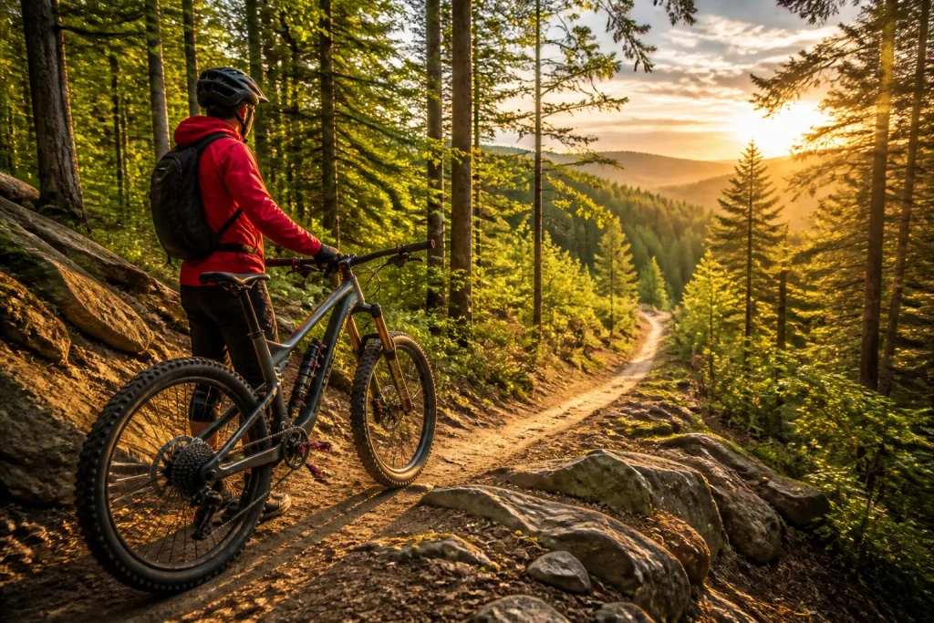 Vtt dans la foret au coucher du soleil