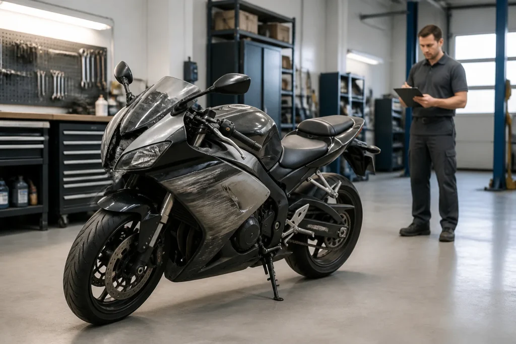 Moto endommagee en atelier