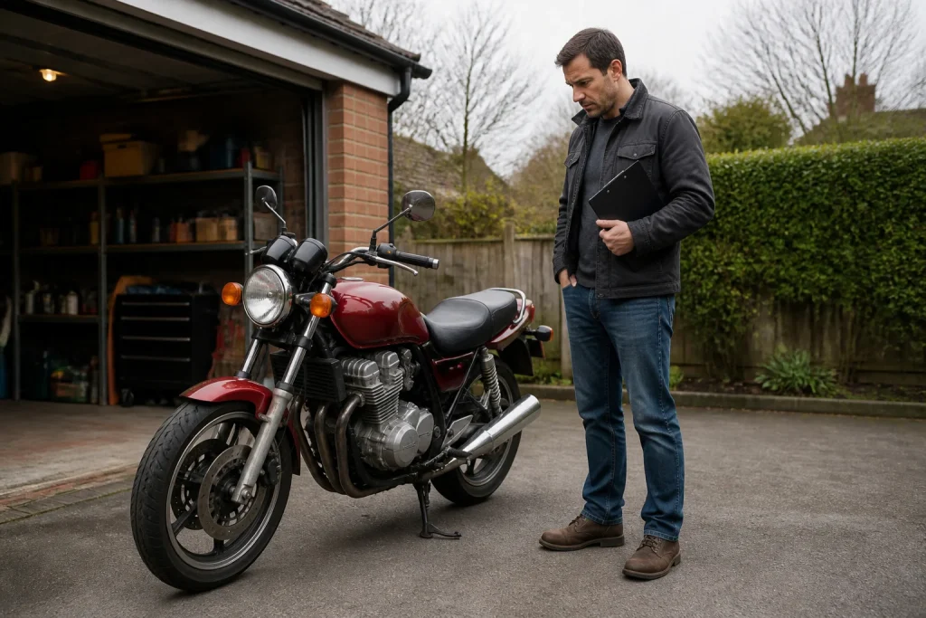 Motard pensif avec sa moto