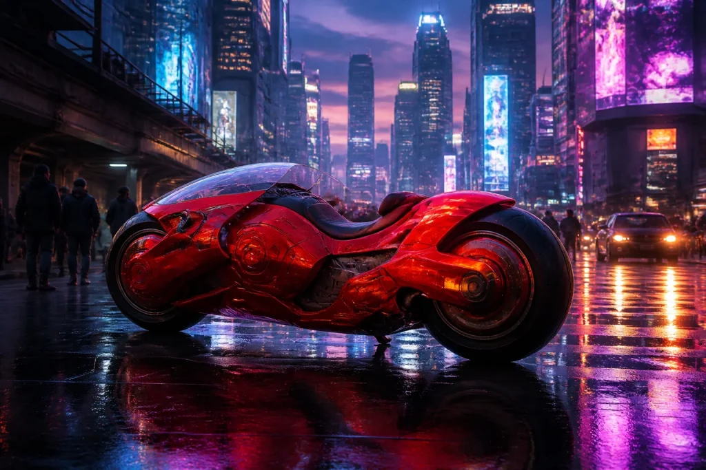 Moto rouge iconique dans un paysage cyberpunk