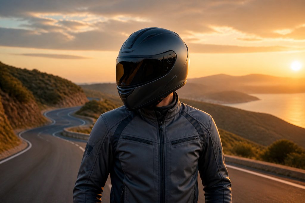 Motard pret pour laventure au coucher du soleil