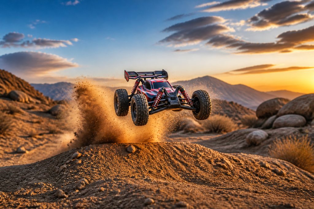 Buggy rc en plein saut a lheure doree