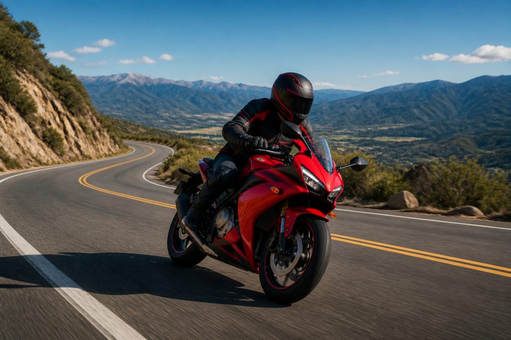 Moto sportive rouge sur route sinueuse