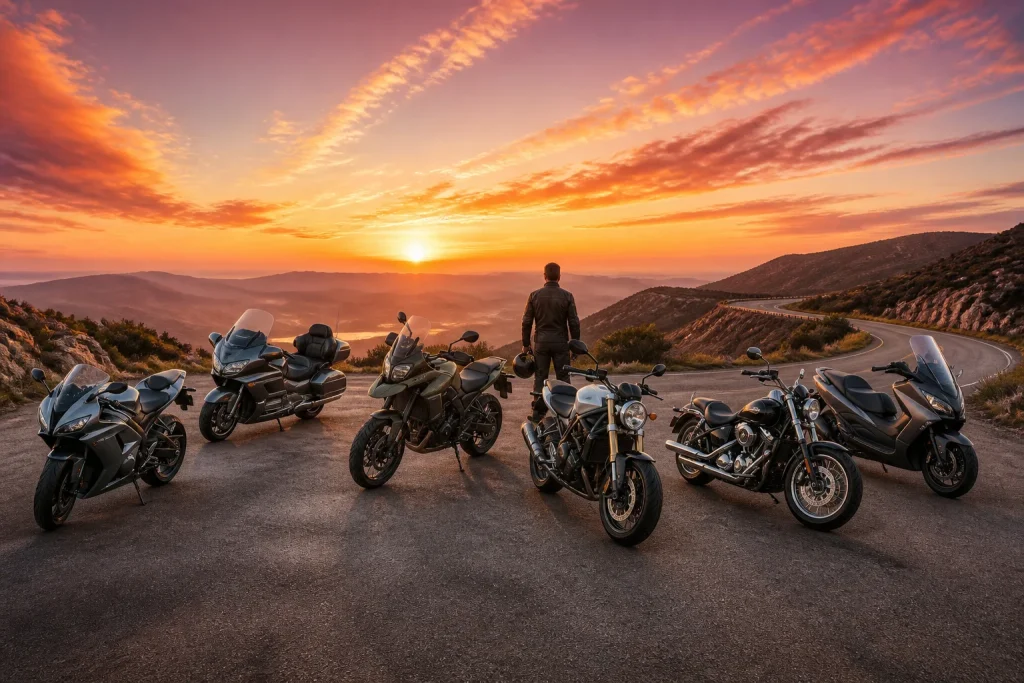 Collection de motos modernes au lever du soleil