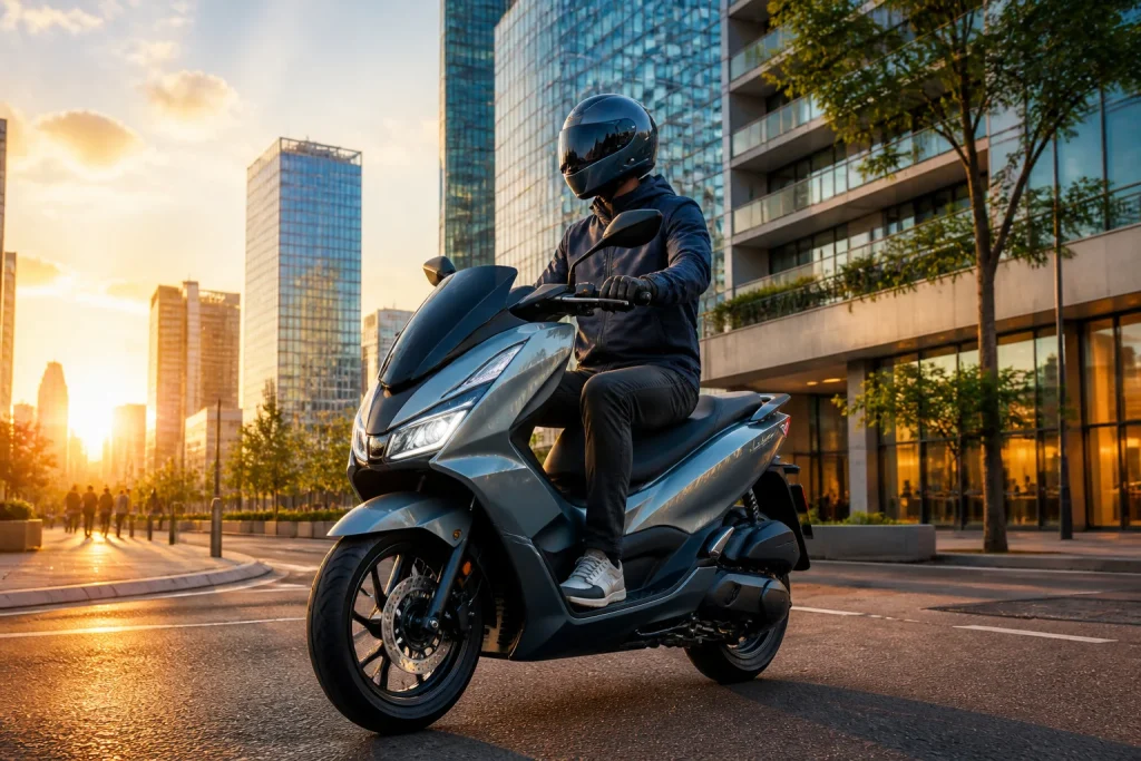 Scooter urbain au coucher du soleil