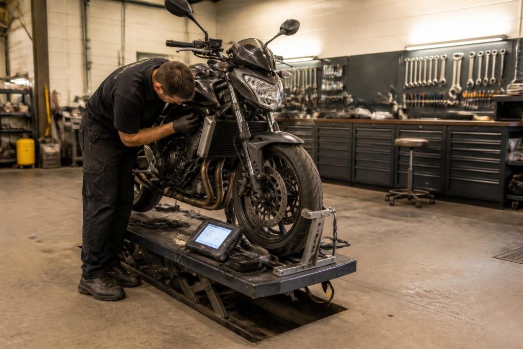 Mécanicien moto au diagnostic dans son atelier