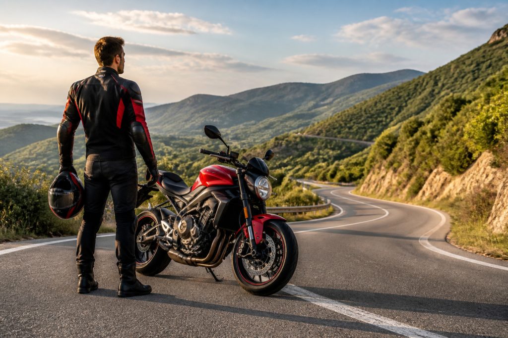 Motard sur route sinueuse au coucher du soleil
