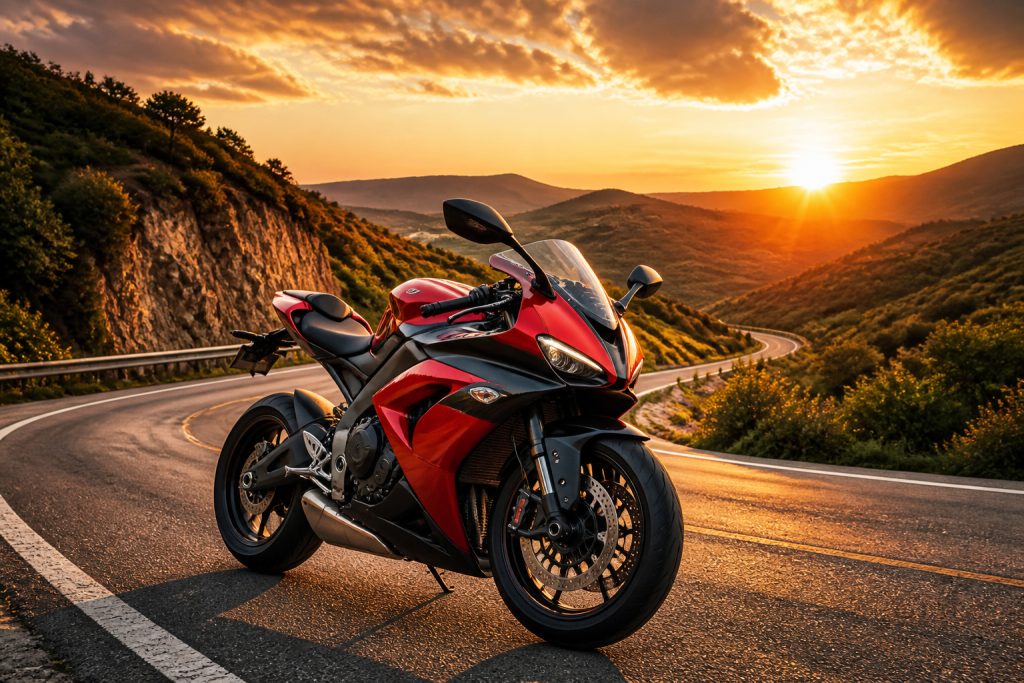 Moto de sport rouge et noire au coucher du soleil