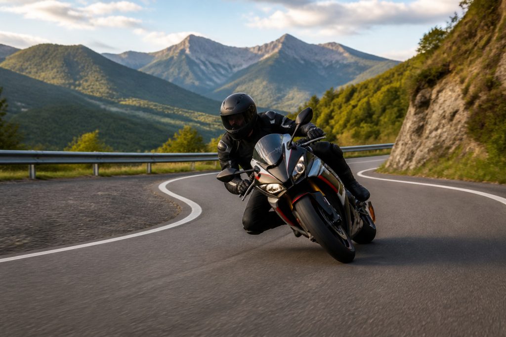 Motard en virage sur route de montagne