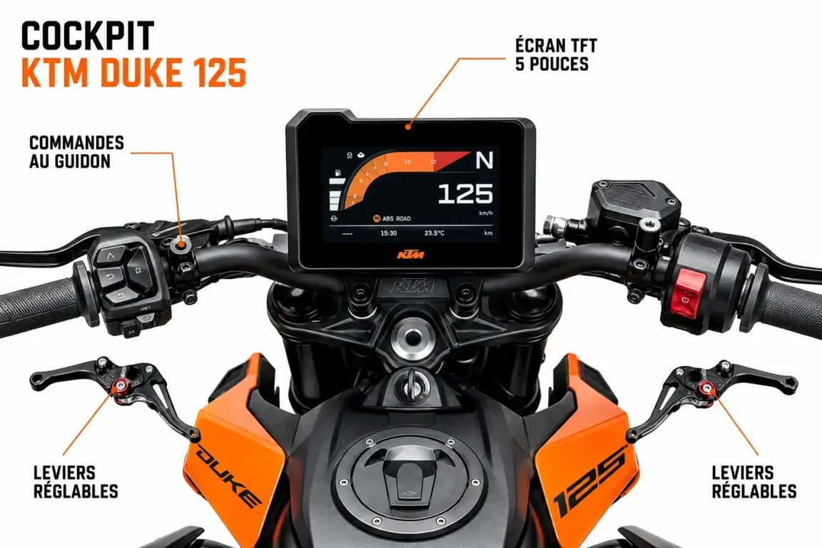 KTM Duke 125 : gros plan sur le cockpit TFT et les commandes