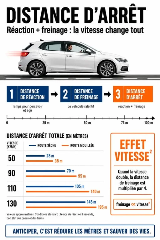 Comment calculer la distance de freinage : schéma comparatif entre réaction, freinage et arrêt