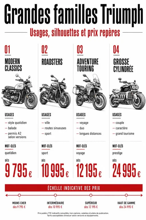 Moto triumph : comparaison visuelle des familles Triumph, usages et prix repères