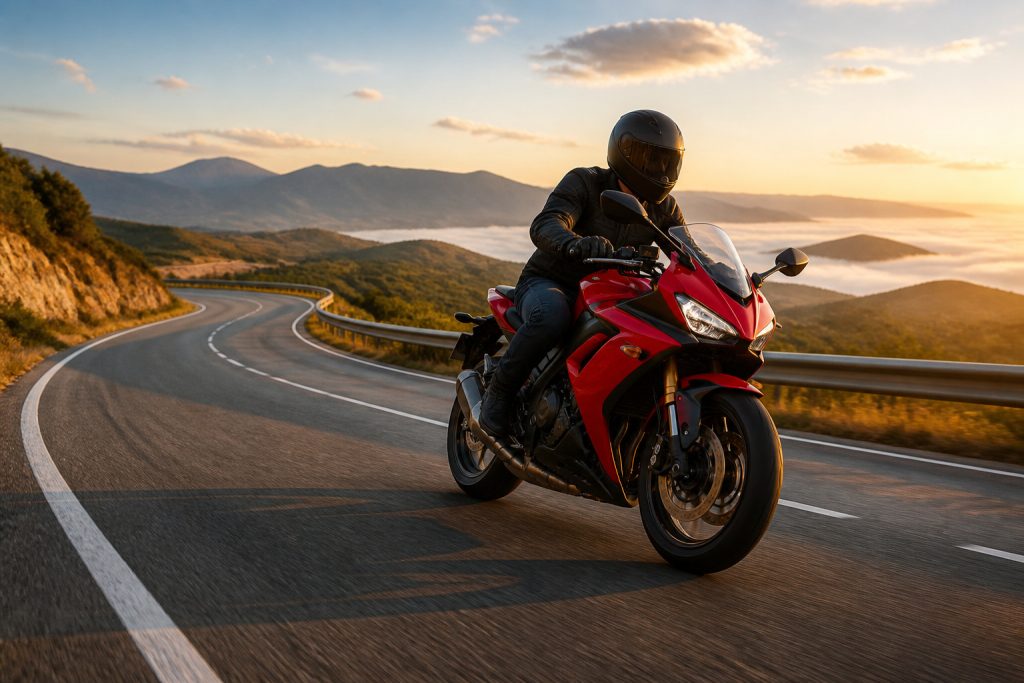 Moto sportive sur route sinueuse au coucher du soleil