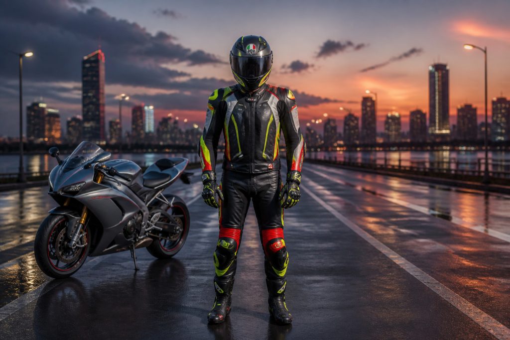 Motard confiant au crepuscule urbain