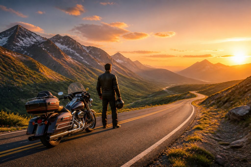 Voyage a moto au coucher du soleil