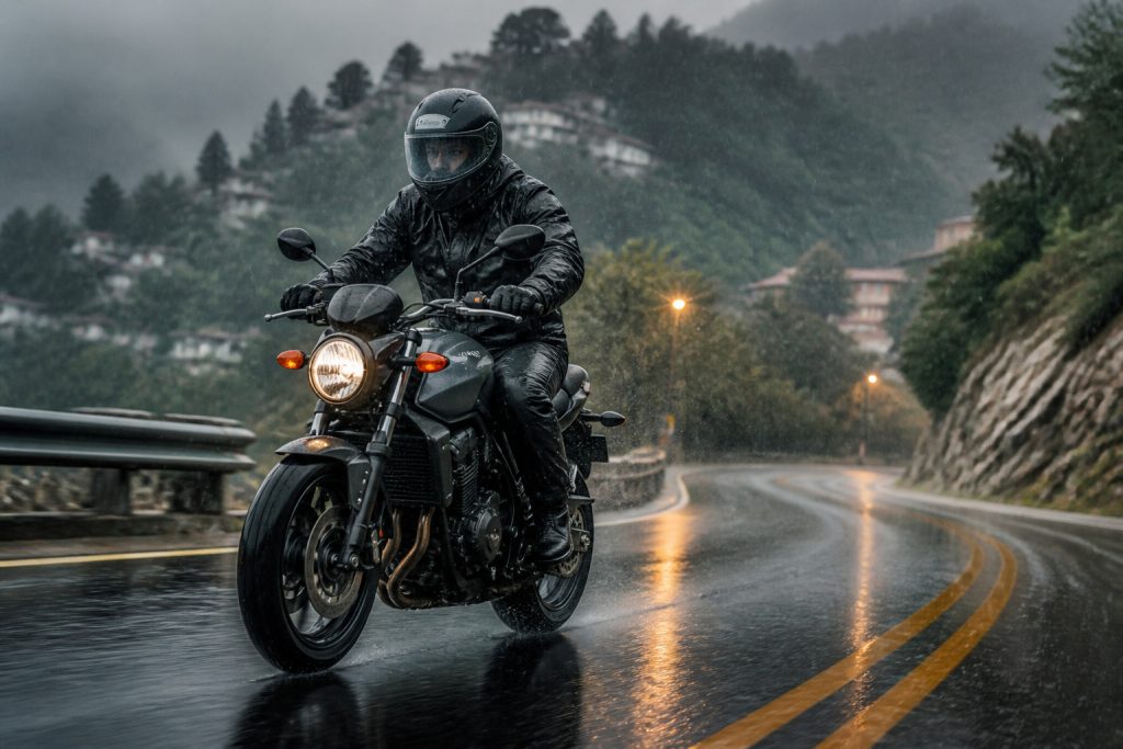 Motard sous la pluie route mouillee